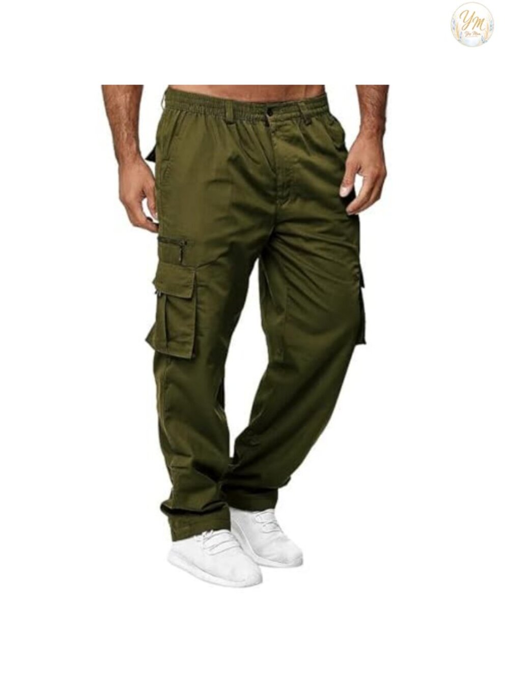 Mens Cargo Pants Cotton Hiking Work Sweatpants Straight Leg 6 Pockets Elastic